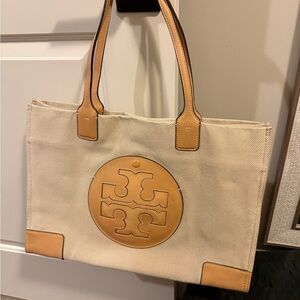 Tory Burch Cream and Tan Ella Tote Bag